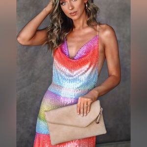 *VICI* SEQUIN COWL NECK MAXI DRESS - RAINBOW